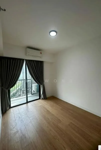 Room features: wooden flooring, white painted walls, recessed ceiling light, wall-mounted split AC, floor-to-ceiling sliding glass door, sheer curtains, balcony access, natural light from balcony; style: modern.