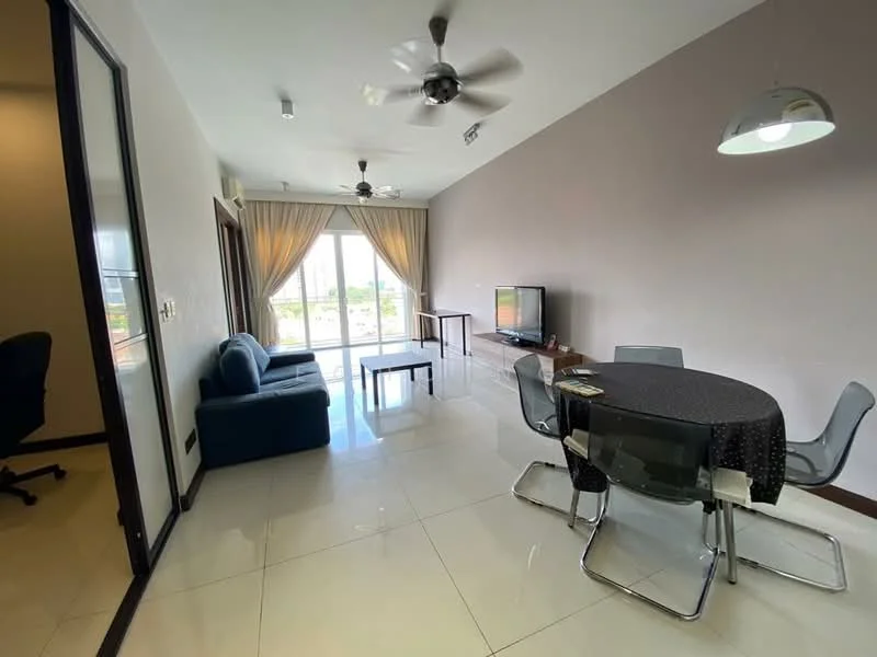 Living features: 3-seater fabric sofa in blue, glass dining table with 4 chairs, wall-mounted TV, ceiling fan, large sliding glass door, curtains, tile flooring, neutral painted walls, decorative pendant light; style: modern; view: garden. Room features: office chair, desk, additional seating area.
