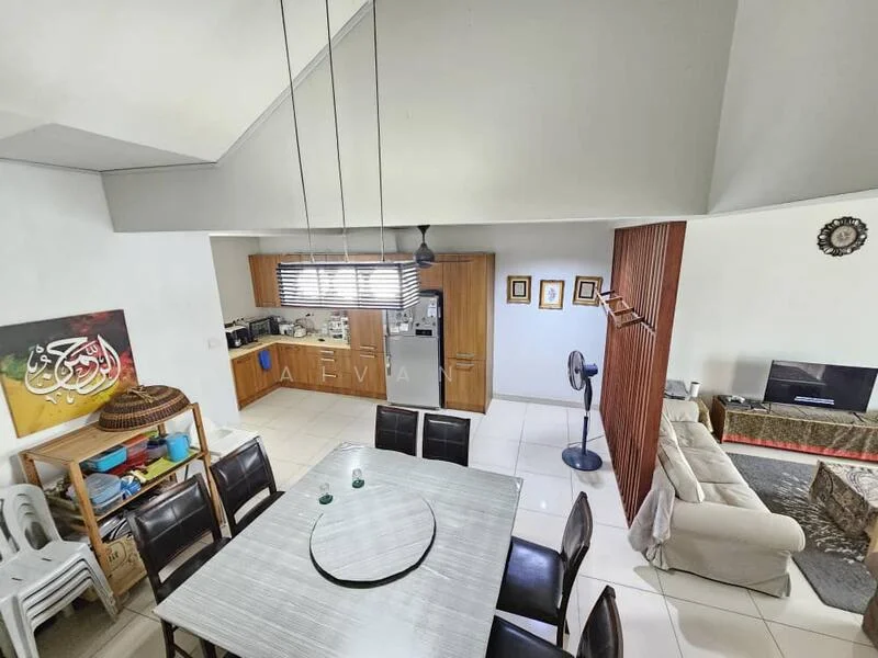 Living features: white painted walls, tile flooring, sofa in cream, coffee table, wall-mounted TV, decorative wall art, ceiling fan, dining table with 6 chairs, open kitchen layout, kitchen cabinetry in wood, window blinds, recessed lighting; style: modern. Kitchen features: wood cabinetry, stainless-steel sink, built-in oven, 4-burner gas hob, microwave, kitchen island, window with blinds; style: modern.
