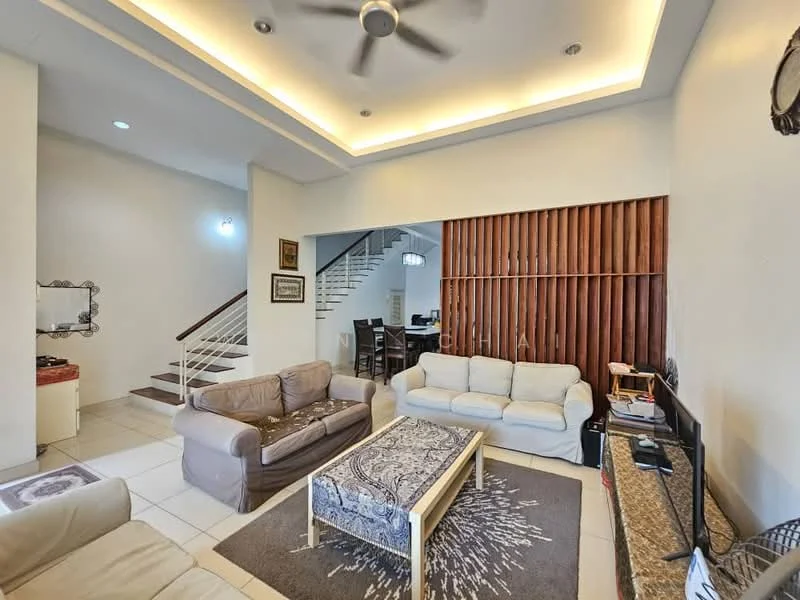 Living features: cream painted walls, tray ceiling with recessed lighting, 5-blade ceiling fan with light, 2-seater fabric sofa in white, 3-seater fabric sofa in beige, coffee table with decorative tablecloth, area rug with geometric pattern, TV console, wall-mounted TV, decorative wooden feature wall, tile flooring; style: modern. Room features: staircase with wooden railing, open layout to dining area.