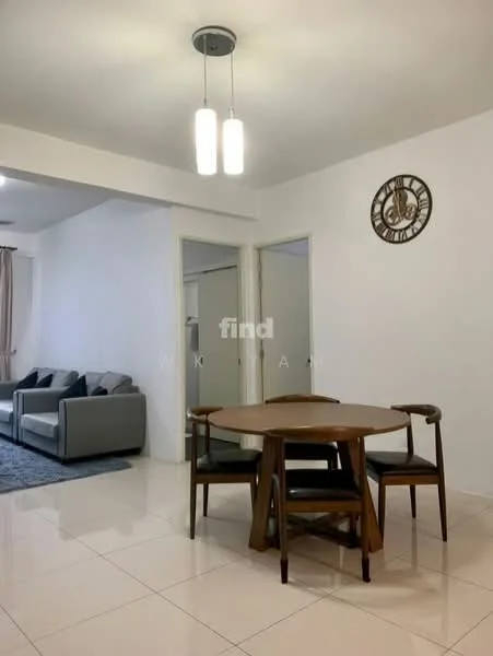 Dining features: round wooden dining table, 4 wooden dining chairs, pendant light fixture with 3 bulbs, wall clock, white painted walls, glossy tile flooring, area rug in blue, sofa in grey, floor-to-ceiling windows with curtains; style: modern.