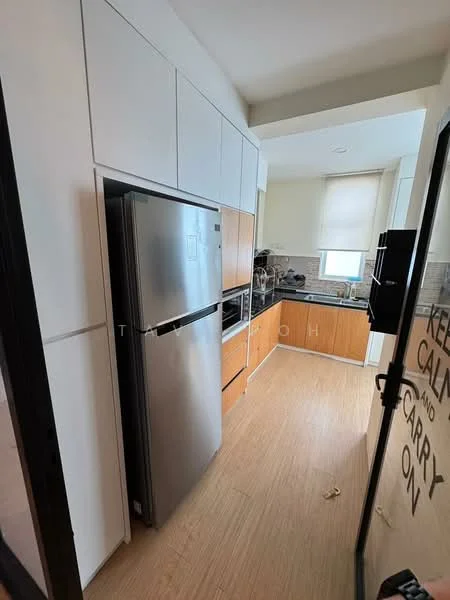 Kitchen features: stainless-steel fridge, white cabinetry, wooden lower cabinets, granite countertop, ceramic tile backsplash, built-in oven, cooktop, sink, window with blinds, laminate flooring, recessed lighting; style: modern.