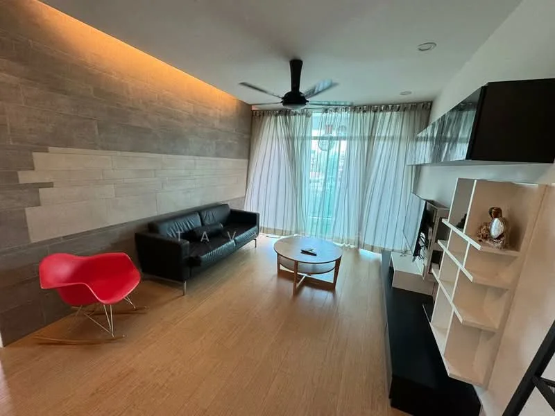 Living features: black leather sofa, red plastic accent chair, round wooden coffee table, wall-mounted TV, white shelving unit, light wood flooring, floor-to-ceiling windows, sheer curtains, ceiling fan with light, recessed lighting, textured wall with wood panels; style: modern.