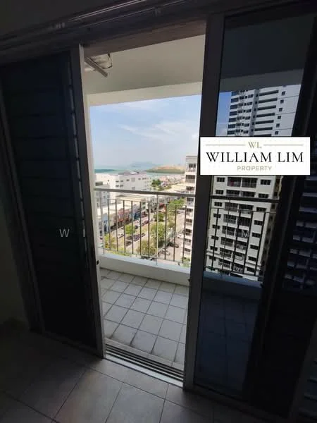 Room features: sliding glass door, balcony with railing, tile flooring, city view, exterior wall with windows, open space, sunlight entering, white walls; view: city.
