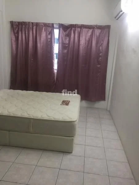 Bedroom features: queen-size bed, light-colored mattress, white walls, tile flooring, curtains in mauve color, wall-mounted air conditioning unit, single light fixture.