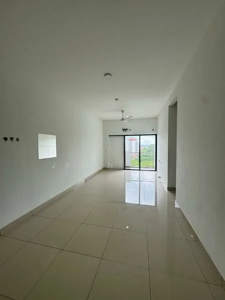 Living features: white painted walls, glossy ceramic tile flooring, 5-blade ceiling fan, sliding glass door, floor-to-ceiling windows, natural light from windows, neutral color scheme, open layout; style: modern; view: garden.