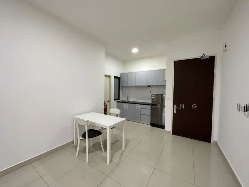 Kitchen features: white painted walls, grey cabinetry, stainless-steel fridge, built-in oven, ceramic tile flooring, single-bowl stainless-steel sink, chrome pull-down faucet, recessed downlights, kitchen countertop, open shelving; style: modern. Dining features: white dining table, two white chairs; style: modern.