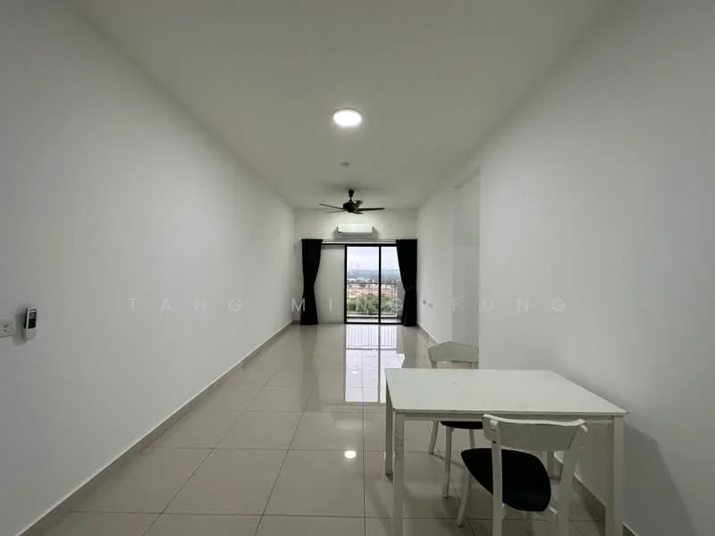 Living features: white painted walls, glossy ceramic tile flooring, 5-blade ceiling fan with light, floor-to-ceiling sliding glass door, blackout curtains, dining table with 4 chairs, natural light from window, city view from window; style: modern; view: city.