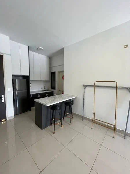 Kitchen features: white cabinets, grey countertop, stainless-steel fridge, built-in oven, ceramic tile flooring, recessed downlights, bar stools, open shelving, single-bowl stainless-steel sink, chrome pull-down faucet; style: modern.