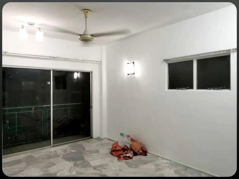 Living features: white painted walls, marble tile flooring, 5-blade ceiling fan with light, sliding glass door, floor-to-ceiling windows, balcony view, wall-mounted light fixture, curtains; style: modern; view: city.