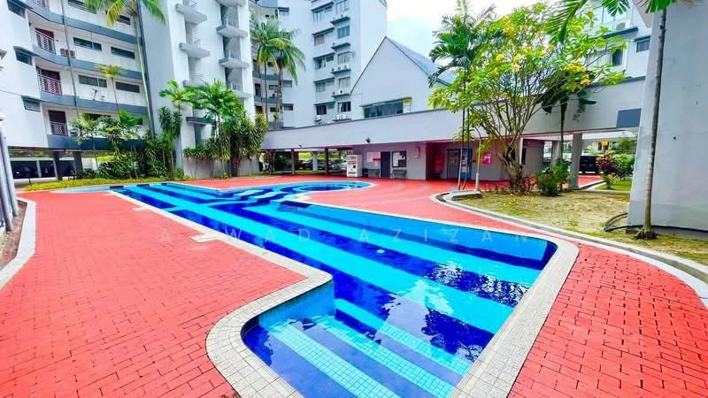 Exterior type: low-rise apartment block; features: swimming pool with blue tiles, red brick pool deck, landscaped garden with palm trees, covered walkway, parking area, multiple storeys, surrounded by greenery; style: modern.