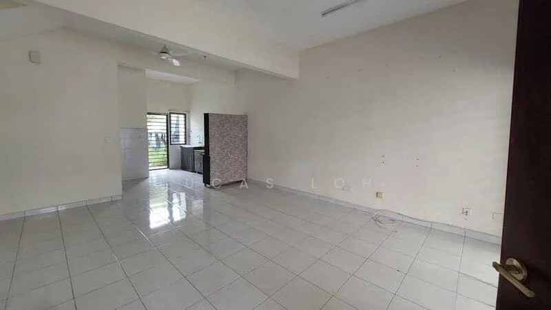 Room features: white painted walls, glossy white tile flooring, ceiling fan, window with grille, doorway leading to another room, refrigerator, empty space, natural light from window.