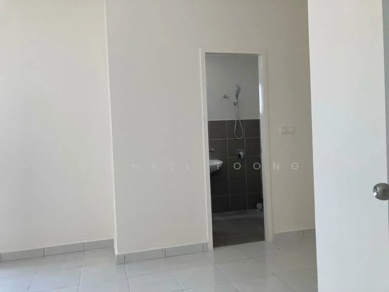 Room features: white painted walls, grey tiled flooring, doorway leading to bathroom, shower fixture visible in bathroom, light switch on wall, window frame visible, neutral color scheme; style: modern.