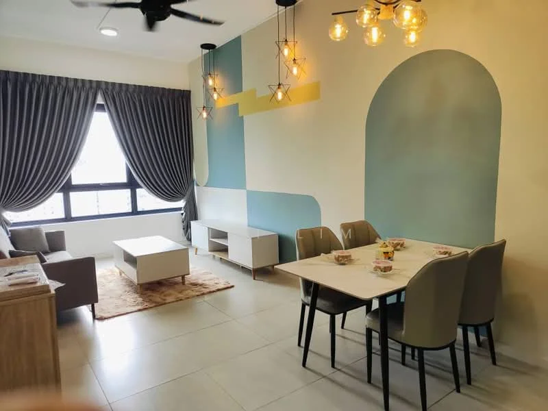 Living features: light grey tiled flooring, white walls with blue and yellow accent wall, floor-to-ceiling windows, sheer curtains, 5-blade ceiling fan with light, modern pendant lighting, rectangular coffee table, grey fabric sofa, 6-seater dining table, upholstered dining chairs, decorative wall art, area rug; style: modern; view: city.