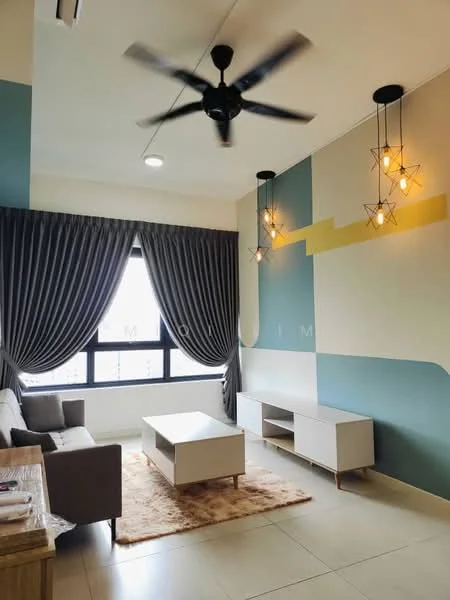Living features: 3-seater fabric sofa in grey, coffee table, TV console, area rug with geometric pattern, 5-blade ceiling fan with light, recessed downlights, floor-to-ceiling windows, curtains in dark grey, accent wall in blue and yellow, white painted walls, tile flooring; style: modern; view: city.