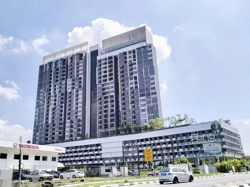 Exterior type: high-rise condominium; features: glass curtain wall, white painted facade, recessed balconies, approximately 20-storey high-rise, manicured landscaping, surrounded by mature greenery, signage visible on building, parking area in front; style: modern.