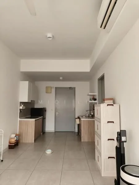 Room features: white painted walls, tile flooring, ceiling fan, wall-mounted split AC, kitchen cabinetry in light wood, black countertop, stainless-steel sink, single-bowl sink, built-in kitchen appliances, door with handle, storage cabinet, open layout; style: modern.