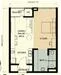 Floor plan: 1-bedroom 1-bathroom unit; features: open-plan kitchen-dining-living, master bedroom with ensuite bathroom, utility room, balcony off living room, central foyer.