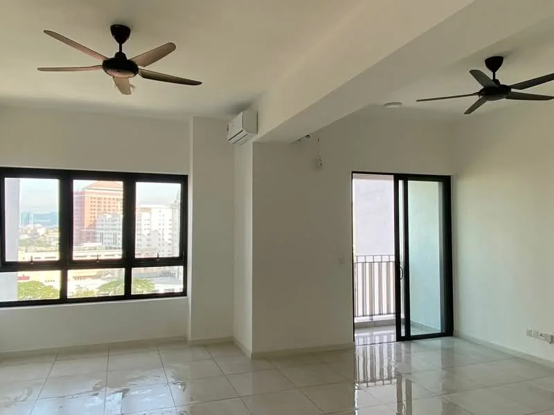Room features: white painted walls, glossy tile flooring, 2 ceiling fans, floor-to-ceiling windows, sliding glass door, balcony access, air conditioning unit; style: modern; view: city.
