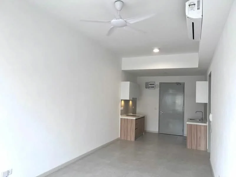 Room features: white painted walls, grey tile flooring, 5-blade ceiling fan with light, wall-mounted split AC, built-in cabinetry with wood finish, countertop with under-mount sink, recessed downlights, door with silver handle; style: modern.