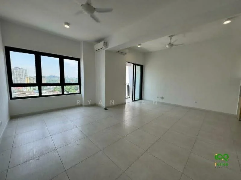 Living features: white painted walls, tile flooring, 2 ceiling fans, floor-to-ceiling windows, sliding glass door, city view, air conditioning unit, neutral color scheme; style: modern; view: city.