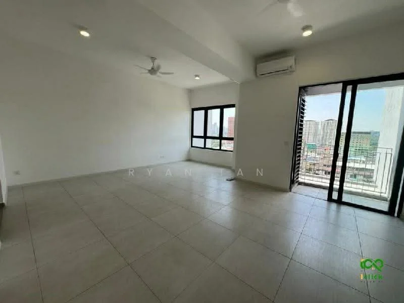 Living features: white painted walls, tile flooring, 5-blade ceiling fan, wall-mounted air conditioning unit, floor-to-ceiling windows, sliding glass door, balcony access, natural light; style: modern; view: city.