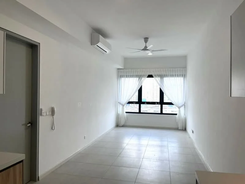Living features: white painted walls, tile flooring, 5-blade ceiling fan with light, floor-to-ceiling windows, sheer curtains, air conditioning unit, telephone wall socket, light-colored furniture, neutral decor; style: modern; view: city.