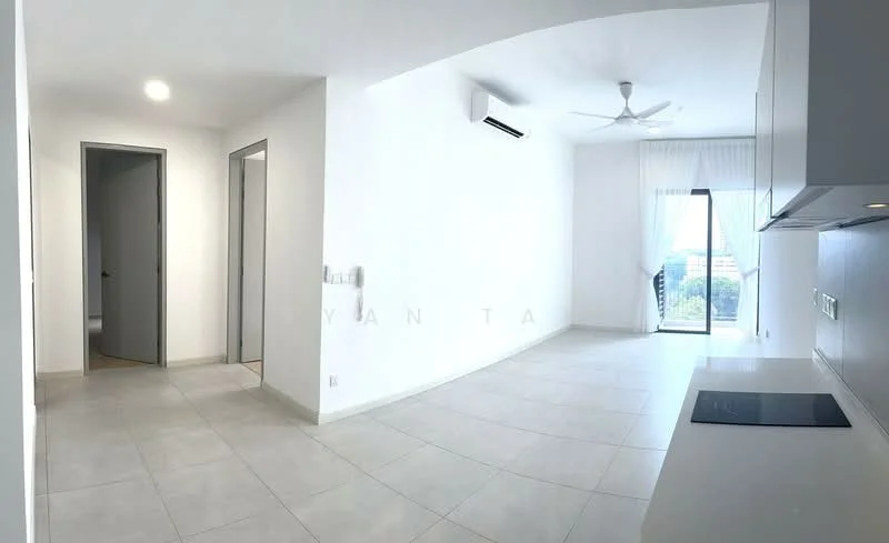 Living features: white painted walls, light grey tiled flooring, 5-blade ceiling fan with light, wall-mounted split AC, floor-to-ceiling windows, sheer curtains, balcony door, open layout to kitchen, natural light from windows, neutral color palette; style: modern; view: city. Room features: white painted walls, light grey tiled flooring, doorway to adjacent room.