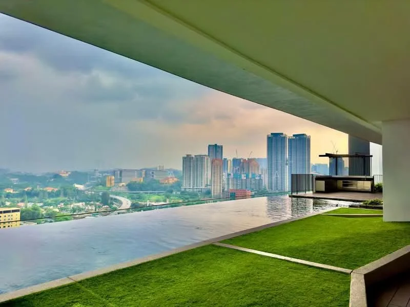 Room features: infinity edge pool, landscaped lawn, city skyline view, outdoor seating area, concrete flooring, glass railing, overhanging roof, green grass; style: modern; view: city.