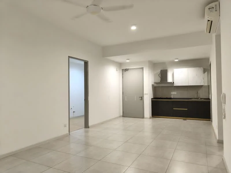 Living features: white painted walls, grey tiled flooring, 5-blade ceiling fan, recessed downlights, wall-mounted split AC, open kitchen layout, doorway leading to another room, kitchen cabinetry with upper and lower cabinets, stainless-steel sink, kitchen countertop, kitchen range hood; style: modern. Room features: white painted walls, grey tiled flooring.