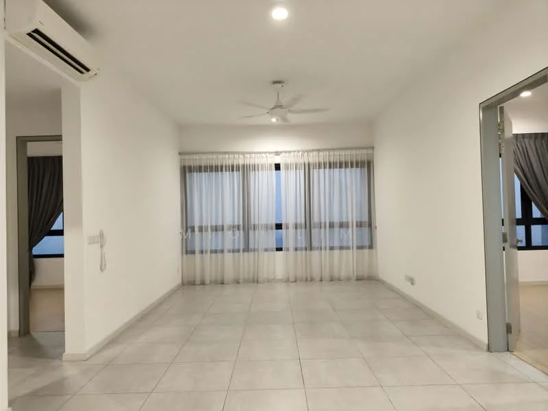 Living features: white painted walls, grey tiled flooring, 5-blade ceiling fan with light, floor-to-ceiling windows, sheer curtains, recessed downlights; style: modern.