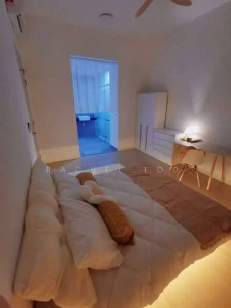 Bedroom features: queen-size bed with white bedding, wooden bedside table, decorative throw blanket, ceiling fan, light-colored walls, laminate flooring, built-in wardrobe, soft lighting, window with sheer curtains; style: minimalist.