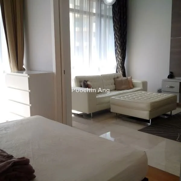Living features: cream leather sectional sofa, ottoman with tufted upholstery, area rug with geometric pattern, floor-to-ceiling windows, sheer curtains, dark accent wall, marble tile flooring, decorative cushions, side table, wall-mounted lamp; style: modern. Room features: white painted walls, light wood flooring.
