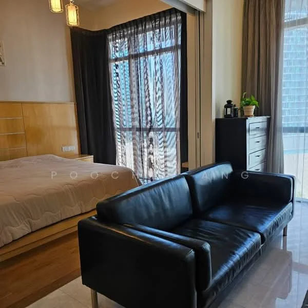Bedroom features: queen-size bed with wooden headboard, black leather sofa, floor-to-ceiling windows, sheer curtains, dark curtains, wooden bedside table, chest of drawers, marble tile flooring, decorative plant, wall-mounted artwork; style: modern; view: city.
