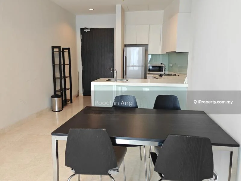 Dining features: dining table with black surface, 4 black dining chairs, kitchen island with sink, stainless-steel fridge, white cabinetry, light-colored walls, marble tile flooring, recessed downlights; style: modern. Kitchen features: kitchen countertop, built-in stove, white cabinets, stainless-steel sink; style: modern.