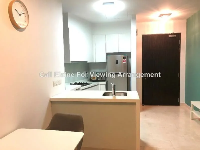 Kitchen features: white cabinetry, stainless-steel fridge, built-in oven, 4-burner gas hob, single-bowl stainless-steel sink, chrome pull-down faucet, white countertop, tile flooring, recessed downlights; style: modern. Room features: wall clock, dining table, grey upholstered chair, light-colored walls, door to hallway.