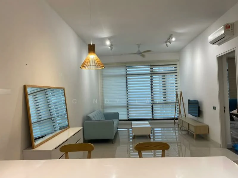 Living features: light grey fabric sofa, wooden coffee table, wall-mounted TV, light fixture with pendant lamp, recessed LED downlights, floor-to-ceiling windows with horizontal blinds, air conditioning unit, glossy tile flooring, decorative mirror, wooden console table; style: modern.