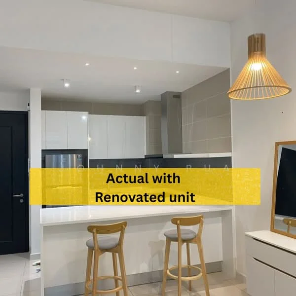 Kitchen features: white cabinetry, stainless-steel fridge, built-in oven, 4-burner gas hob, white countertop, pendant light fixture, bar stools, tile backsplash, recessed downlights, open layout; style: modern.
