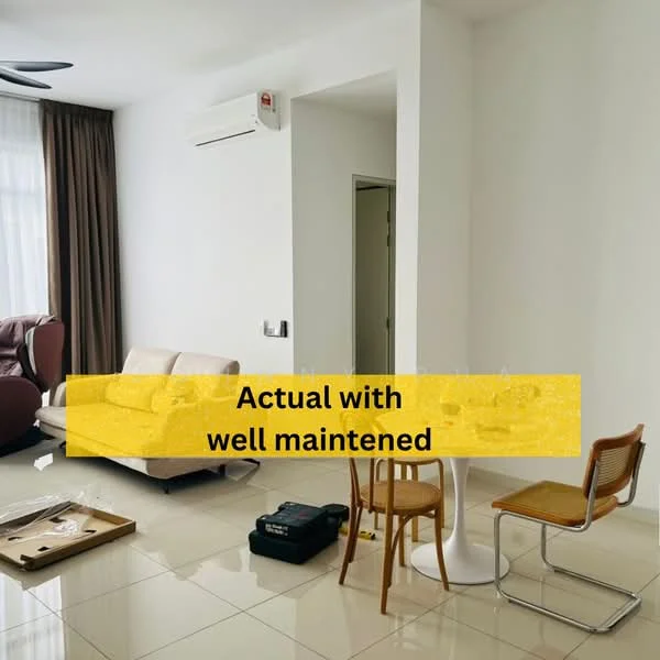 Living features: cream painted walls, glossy tile flooring, 5-blade ceiling fan, wall-mounted split AC, 2-seater fabric sofa in beige, round dining table, wooden dining chairs, decorative wall, natural light from windows; style: modern.