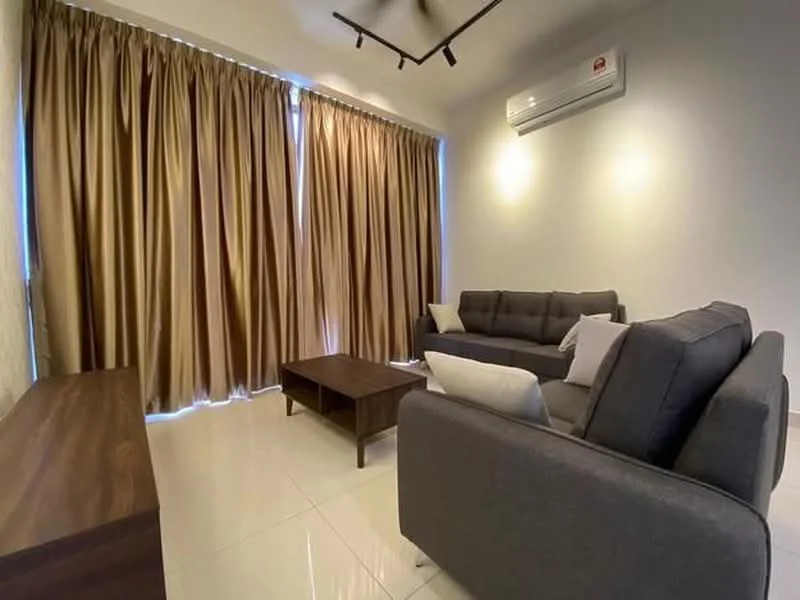 Living features: 2-seater fabric sofa in grey, 3-seater fabric sofa in dark grey, wooden coffee table, floor-to-ceiling windows, brown curtains, white painted walls, recessed downlights, 1 wall-mounted split AC, glossy tile flooring; style: modern.