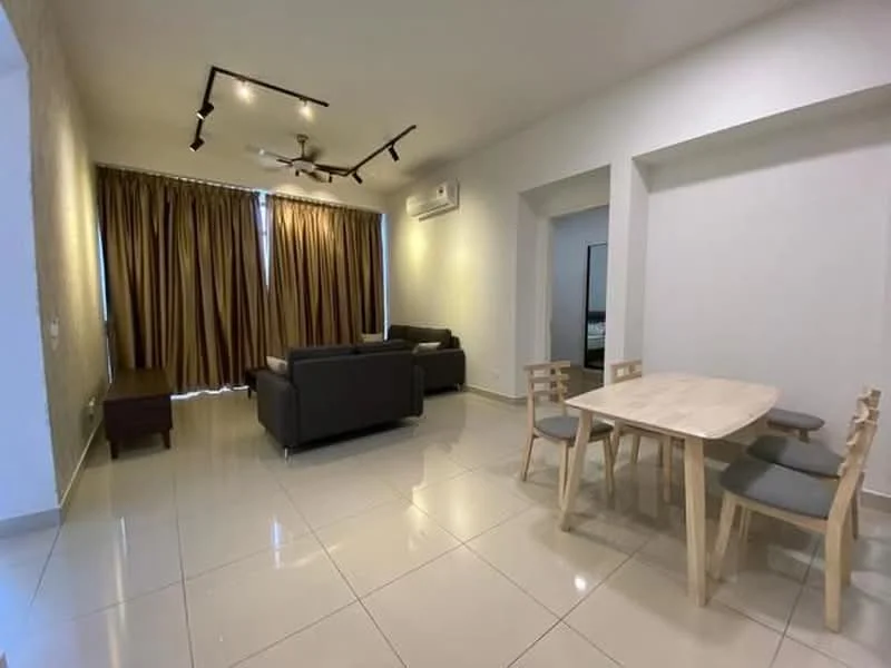 Living features: grey leather sofa, 3-seater sofa, light wood dining table, 2 dining chairs, 4-blade ceiling fan with light, recessed downlights, floor-to-ceiling windows with brown curtains, cream painted walls, glossy ceramic tile flooring, air conditioning unit on wall, decorative wall with texture; style: modern.