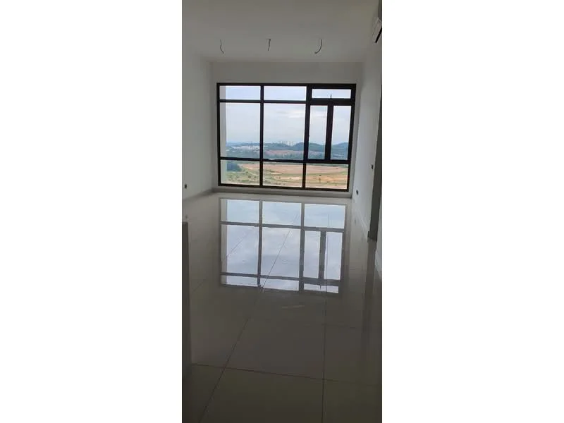 Room features: large floor-to-ceiling windows, white painted walls, glossy tile flooring, mountain view, natural light, minimalist design, no visible furniture, smooth ceiling; style: modern; view: mountain.
