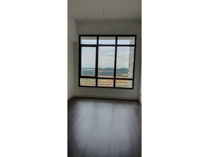 Room features: large floor-to-ceiling windows, mountain view, dark wood flooring, plain white walls, no visible ceiling features, no visible furniture or decor; style: modern; view: mountain.