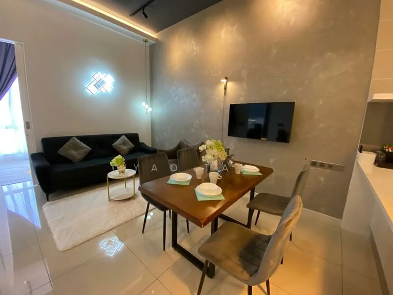 Dining features: dining table with 4 chairs, black fabric sofa, wall-mounted TV, decorative wall lighting, white area rug, grey accent wall, ceramic tile flooring, decorative vase with flowers; style: modern.