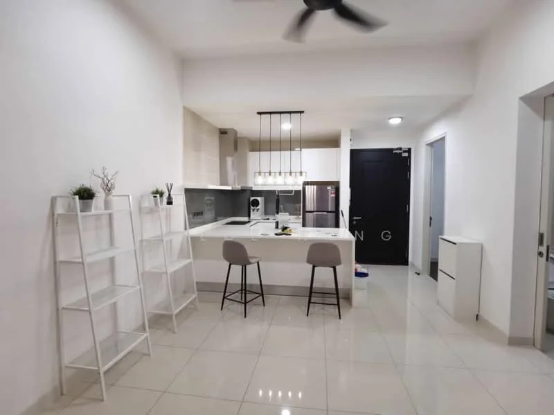 Kitchen features: white painted walls, glossy tile flooring, island counter with bar stools, stainless-steel fridge, built-in oven, ceramic cooktop, white cabinetry, pendant lighting, open shelving, recessed downlights, black countertop, single-bowl stainless-steel sink, chrome pull-down faucet; style: modern. Room features: white painted walls, glossy tile flooring, door to hallway, door to bathroom.