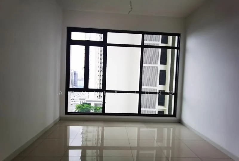 Room features: white painted walls, glossy ceramic tile flooring, floor-to-ceiling windows, city view; style: modern; view: city.