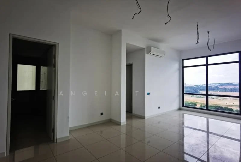 Room features: white painted walls, glossy tile flooring, floor-to-ceiling windows, 1 wall-mounted split AC, exposed ceiling wiring, natural light from windows, view of landscape outside; style: modern; view: landscape.