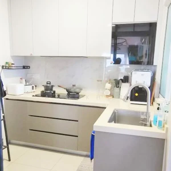 Kitchen features: white upper cabinets, grey lower cabinets, marble backsplash, stainless-steel sink, chrome pull-down faucet, built-in stove with two burners, microwave, toaster, countertop with light beige surface, kitchen utensils visible, window with natural light, tile flooring; style: modern.