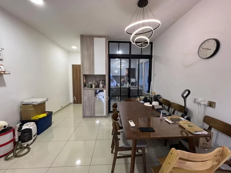 Dining features: rectangular wooden dining table, 6 wooden dining chairs, white walls, glossy white tile flooring, recessed ceiling lights, pendant light fixture, wall clock, open shelving, glass partition wall, kitchenette with cabinetry, vacuum cleaner, storage box, electrical outlets; style: modern.