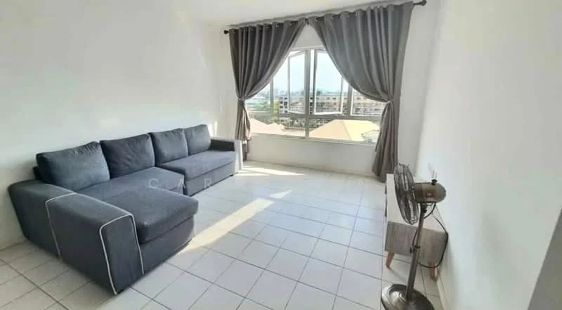Living features: grey fabric L-shape sectional sofa, floor-to-ceiling windows, white walls, white tiled flooring, curtains in grey, ceiling fan, small side table, table fan; style: modern; view: city.
